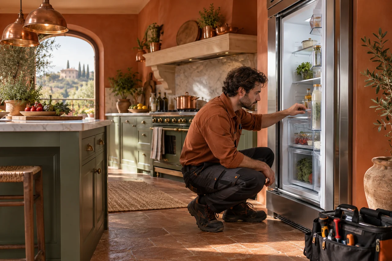 Tecnico che osserva un frigorifero in una cucina dai toni caldi